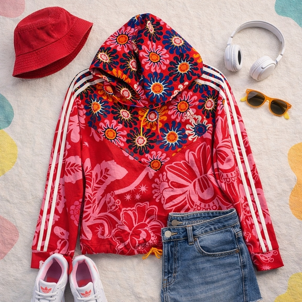 Adidas X FARM RIO Red Pink Floral L sleeve Pull On Loose Fit Hoodie. Ladies XL